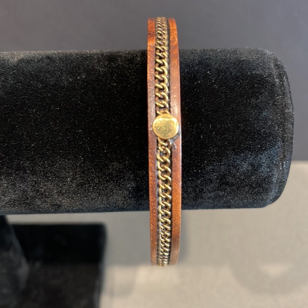 Vintage Thin Wood Bracelet With Gold Links Inlay